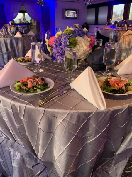 Silver Table Cloths with pops of Purple and Pink
