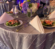 Silver Table Cloths with pops of Purple and Pink